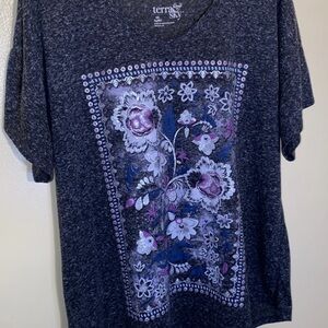 Terra & Sky Women’s 14W Graphic Floral Tee Shirt Plus Size V-Neck Top Gray